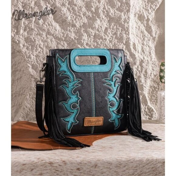 WG193-2003 Wrangler Top Handle Boot Scroll Fringe Tote/Crossbody -Black - Picture 1 of 4